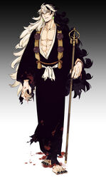  1boy abs alternate_costume alternate_hairstyle ashiya_douman_(fate) ashiya_douman_(second_ascension)_(fate) asymmetrical_hair black_eyes black_hair black_kimono blood blood_on_clothes blood_on_hands curly_hair earrings fate/grand_order fate_(series) fingernails full_body hair_between_eyes highres holding holding_staff japanese_clothes jewelry kimono long_hair magatama magatama_earrings male_focus matsuno_(mat8k) multicolored_hair muscular muscular_male onmyouji open_clothes open_kimono pectorals pom_pom_(clothes) shakujou sharp_fingernails solo split-color_hair staff two-tone_hair very_long_fingernails very_long_hair white_hair yuigesa 