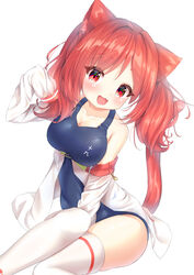  :d animal_ears arms_up azur_lane bare_shoulders blush breasts cat_ears cat_tail collarbone female head_tilt highres i-19_(azur_lane) large_breasts long_hair looking_at_viewer off_shoulder open_mouth red_eyes red_hair school_swimsuit sidelocks simple_background sitting sleeves_past_fingers sleeves_past_wrists smile solo swimsuit tail thighhighs twintails wafthil white_background white_thighhighs 