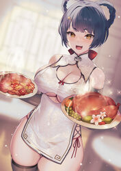  :d alternate_breast_size alternate_costume bare_shoulders bikini bikini_under_clothes black_thighhighs blue_hair blurry blurry_background blush braid braided_hair_rings breasts china_dress chinese_clothes cleavage cleavage_cutout clothing_cutout commentary_request covered_navel cowboy_shot cross-laced_clothes dress dutch_angle elbow_gloves female food fruit genshin_impact gloves hair_rings highres holding holding_plate large_breasts looking_at_viewer matsumoto_mitsuaki meat oerba_yun_fang open_mouth panties panty_straps plate red_panties short_dress short_hair side-tie_panties sideboob sidelocks skin_fang smile solo sparkle standing swimsuit thick_eyebrows thighhighs thighs twin_braids underboob underboob_cutout underwear white_dress xiangling_(genshin_impact) yellow_eyes 