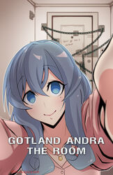  alternate_costume blue_eyes blue_hair chains commentary_request door empty_eyes female gotland_(kancolle) graphite_(medium) hallway highres kanade_(kanadeya) kantai_collection long_hair long_sleeves looking_at_viewer mojibake_commentary mole mole_under_eye parody photoshop_(medium) pink_shirt shirt sidelocks silent_hill_(series) silent_hill_4:_the_room smile solo traditional_media upper_body yandere 