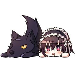  1other animal_ears artist_request black_fur blackas_shadow_prince blush brown_hair chibi drooling female looking_at_viewer maid maid_headdress on_ground red_eyes seiken_gakuin_no_maken_tsukai shary_corvette short_hair white_background wolf yellow_eyes 