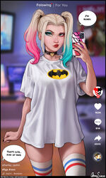  absurdres aroma_sensei artist_name batman_symbol bedroom blonde_hair blue_eyes breasts cellphone choker collar dc_comics ear_piercing english_text female harley_quinn highres lips lipstick makeup meme multicolored_hair nail_polish no_pants pajamas_challenge_(meme) parted_bangs patreon_username phone piercing pink_hair poison_ivy poster_(object) raised_eyebrows red_lips selfie shirt speech_bubble speed_lines t-shirt thick_lips thighhighs twintails web_address 