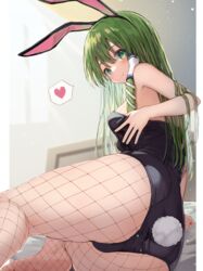  absurdres alternate_costume animal_ears ass ass_focus bare_arms bare_shoulders barefoot bed black_leotard blush breasts commentary_request detached_collar fake_animal_ears fake_tail feet female fishnet_pantyhose fishnets foot_out_of_frame green_eyes green_hair hair_tubes heart highres indoors kochiya_sanae leotard long_hair looking_at_viewer looking_back mamemochi pantyhose playboy_bunny rabbit_ears rabbit_tail smile solo speech_bubble spoken_heart strapless strapless_leotard tail thighs touhou 