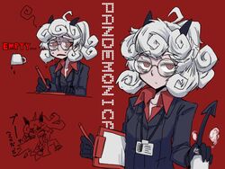  black_gloves black_horns black_jacket black_tail breasts business_suit character_name clipboard closed_mouth coffee coffee_mug collared_shirt cup curly_hair demon_girl demon_horns demon_tail english_text female formal glasses gloves helltaker highres holding holding_cup horns jacket long_sleeves looking_at_viewer medium_hair mug multiple_views naui_kudan pandemonica_(helltaker) pen ponytail red_background red_eyes red_shirt shirt short_hair simple_background steam suit tail upper_body white_hair 