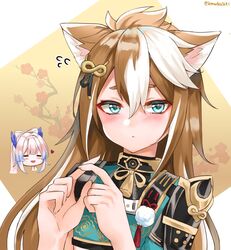  2girls =_= animal_ears armor blush brown_hair chibi chibi_inset commentary dog_ears dog_girl flying_sweatdrops genderswap_(mtf) genshin_impact gorou_(genshin_impact) green_eyes highres hina_(genshin_impact) japanese_armor lemon_t long_hair multicolored_hair multiple_girls rule_63 sangonomiya_kokomi solo_focus streaked_hair two-tone_hair white_hair 