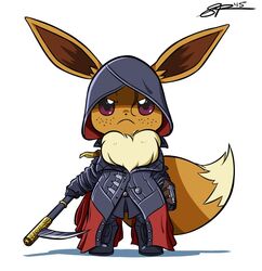  angry assassin&#039;s_creed_(series) black_footwear boots brown_fur cosplay eevee evie_frye evie_frye_(cosplay) freckles frown furry grey_hoodie hood hoodie jackster3000 md5_mismatch pokemon pokemon_(creature) pun red_eyes second-party_source shadow signature tail weapon white_background 