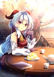  absurdres akira_luca black_gloves blue_hair book brown_eyes closed_mouth commentary cup detached_sleeves eyes_visible_through_hair female food ganyu_(genshin_impact) genshin_impact gloves highres horns light_blue_hair outline plate prosperous_peace_(genshin_impact) smile solo table teapot white_outline white_sleeves 