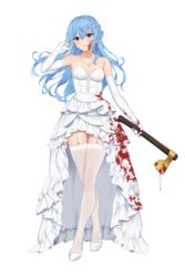  alternate_costume axe blood blood_on_axe blood_on_clothes blood_on_face blue_eyes blue_hair blush breasts collarbone crossed_legs dress elbow_gloves female frilled_dress frills full_body garter_straps gloves golden_axe_(weapon) high_heels highres holding holding_axe hololive hoshimachi_suisei jewelry long_hair looking_at_viewer medium_breasts necklace parted_lips simple_background smile solo standing star_(symbol) star_in_eye strapless strapless_dress symbol_in_eye terry_(pixiv3274443) thighhighs thighs toe_cleavage virtual_youtuber watson_cross wedding_dress white_background white_dress white_footwear white_garter_straps white_gloves white_thighhighs yandere zettai_ryouiki 