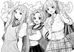  3girls :d aged_up bag blunt_bangs blush bracelet breasts commentary_request greyscale hair_bobbles hair_ornament hairclip ichihara_nina idolmaster idolmaster_cinderella_girls jewelry large_breasts long_hair looking_at_viewer monochrome multiple_girls necktie open_mouth plaid plaid_skirt ryuzaki_kaoru sailor_collar school_bag school_uniform serafuku shirokuma_(nankyoku) shirt short_hair short_sleeves skirt smile sweater_vest twintails v yokoyama_chika 