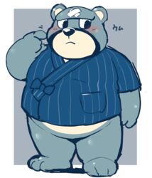  12beat13 2020 animal_crossing anthro bandage bear belly black_nose blush clothing curt_(animal_crossing) humanoid_hands jinbei_(clothing) kemono male mammal nintendo overweight overweight_anthro overweight_male robe scratching scratching_head scratching_self simple_background solo 