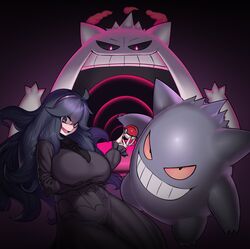  :d alternate_breast_size alternate_color blaccura black_background black_nails breasts commentary covered_navel cowboy_shot female fingernails gengar gigantamax gigantamax_gengar grin hair_between_eyes hairband hex_maniac_(pokemon) highres holding holding_poke_ball huge_breasts long_hair open_mouth poke_ball poke_ball_(basic) pokemon pokemon_xy purple_background shiny_pokemon smile symbol-only_commentary 