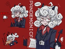  black_gloves black_horns black_jacket black_tail breasts business_suit character_name clipboard closed_mouth coffee coffee_mug collared_shirt cup curly_hair demon_girl demon_horns demon_tail english_text female formal glasses gloves helltaker highres holding holding_cup horns jacket long_sleeves looking_at_viewer medium_hair meme mug multiple_views naui_kudan open_mouth pandemonica_(helltaker) pen ponytail portal_(series) red_background red_eyes red_shirt shirt short_hair simple_background small_breasts smile speech_bubble steam suit tail the_cake_is_a_lie_(meme) upper_body white_hair 