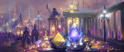  6+others bad_id bad_pixiv_id black_mage_(final_fantasy) candle city final_fantasy final_fantasy_xiv hat highres lamppost multiple_others norino_(106592473) pyramid_(structure) robe scenery statue witch_hat 