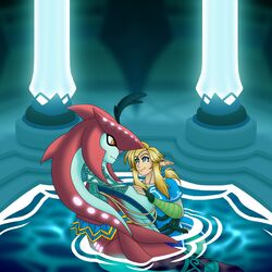  1:1 absurd_res ahegarou anthro big_pecs blonde_hair breath_of_the_wild cuddling duo femboy hair hi_res human humanoid hylian link long_hair male male/male mammal marine muscular nintendo pecs ponytail prince_sidon size_difference the_legend_of_zelda water zora 