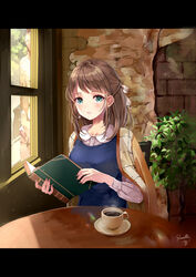  blanket blue_dress blue_eyes blush book bow brick_wall brown_hair coffee collared_shirt commentary_request cup dress dress_shirt female hairbow highres holding holding_book indoors letterboxed long_hair long_sleeves open_book original parted_lips puracotte shirt signature sitting sleeveless sleeveless_dress solo steam table white_bow white_shirt window 