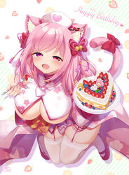  animal_ear_fluff animal_ears bell birthday birthday_cake blush bow breasts cake cat_ears cat_girl cat_tail chibi chibi_inset commission female fingernails floral_print food fork fruit fruit_background hair_belt hairbow half-closed_eyes happy_birthday hat heart heart-shaped_cake heart_print high_heels highres holding holding_fork holding_plate indie_virtual_youtuber large_breasts medium_bangs miyano_ururu mole mole_on_breast nail_polish neck_bell nurse_cap open_mouth pink_eyes pink_footwear pink_garter_straps pink_hair pink_nails pink_tail pink_theme plate pumps red_bow signature skeb_commission smile solo strawberry tail tail_bow tail_ornament tenshouin_himeno thighhighs thighs virtual_youtuber white_background white_hat white_thighhighs zettai_ryouiki 