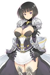  armor black_hair breasts closed_mouth female gloves highres looking_away looking_to_the_side nac000 purple_eyes shadowverse short_hair simple_background skirt smile solo sumeragi_erika_(shadowverse) thighhighs thighs white_background 