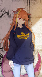  adidas alternate_costume alternate_hairstyle asacoco blonde_hair blunt_bangs bottle bow braid casual commentary_request cowboy_shot diagonal-striped_bow diagonal_stripes dragon_girl dragon_horns dragon_tail emoticon female graffiti highres hololive hood hoodie horn_bow horn_ornament horns kiryu_coco logo_parody long_hair long_sleeves looking_at_viewer multicolored_eyes multicolored_hair orange_hair oumi_(rsag) pants parody pointy_ears ponytail purple_eyes red_eyes ryoushi_chicken_soup_grass_big_chungus scales side_braid single_braid slit_pupils solo standing streaked_hair striped striped_bow tail virtual_youtuber 