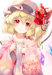  blonde_hair blush bow camisole closed_mouth collarbone commentary_request crystal fang_out female flandre_scarlet floral_print gengetsu_chihiro hair_between_eyes hands_up hat japanese_clothes kimono long_hair long_sleeves mob_cap oerba_yun_fang one_side_up open_clothes open_kimono pink_kimono red_bow red_eyes sleeves_past_wrists smile solo touhou upper_body white_camisole white_hat wide_sleeves wings 