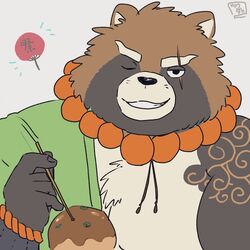  1:1 2020 29_da2 anthro belly brown_body brown_fur canid canine food fur gyobu_(tas) humanoid_hands kemono lifewonders male mammal one_eye_closed overweight overweight_anthro overweight_male raccoon_dog scar solo tanuki tattoo tokyo_afterschool_summoners wink 