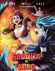  2girls abs absurdres battle blue_eyes breasts chains commentary_request copyright_name dora-demon emphasis_lines godzilla godzilla_(monsterverse) godzilla_(series) godzilla_vs._kong highres king_kong king_kong_(series) kong_(monsterverse) large_breasts monster_girl monsterverse multicolored_hair multiple_girls open_mouth personification pointy_ears punching red_eyes short_hair shoulder_spikes spikes tail two-tone_hair 