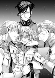  3boys :d belt blush commentary_request cross erich_von_rerugen female glasses greyscale grin hal_(goshujinomocha) highres holding holding_belt imminent_rape iron_cross jacket long_sleeves looking_at_another looking_at_viewer medal military military_jacket military_uniform monochrome multiple_boys multiple_persona open_mouth semi-rimless_eyewear short_hair smile sweat tanya_degurechaff teeth uniform wavy_hair youjo_senki 