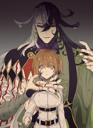  1boy ashiya_douman_(fate) asymmetrical_clothes asymmetrical_hair bell black_eyes black_hair blood blood_on_hands breasts chaldea_uniform curly_hair earrings evil_smile eyeshadow fate/grand_order fate_(series) female fingernails fujimaru_ritsuka_(female) green_eyeshadow green_kimono green_lips green_nails hair_bell hair_between_eyes hair_intakes hair_ornament highres japanese_clothes jewelry kimono lipstick long_hair magatama magatama_earrings makeup matsuno_(mat8k) multicolored_hair onmyouji open_clothes open_kimono orange_hair ribbed_sleeves sharp_fingernails size_difference smile split-color_hair toned toned_male two-tone_hair very_long_fingernails very_long_hair white_hair 