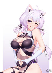  ;3 absurdres ahoge animal_ear_fluff animal_ears artist_name bare_shoulders black_ribbon breasts cat_ears cat_girl cat_tail commission ear_piercing elbow_gloves facial_mark female girarikyo gloves hair_ribbon heart heart_hands highres indie_virtual_youtuber leotard navel one_eye_closed piercing purple_eyes purple_hair ribbon shyrei_faolan solo tail tail_ornament tail_ribbon tongue torn_clothes torn_leotard triangle_hair_ornament two-tone_gloves virtual_youtuber 