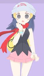  bad_id bad_twitter_id bag blue_hair blush blush_stickers bracelet dawn_(pokemon) female grey_eyes grey_hat hat highres jewelry long_hair naaga_sonomono open_mouth pokemon pokemon_dppt purple_background red_scarf scarf simple_background skirt solo watch wide-eyed wristwatch yellow_bag zipper_pull_tab 