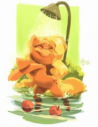  2013 apple applejack_(mlp) closed_eyes cutie_mark earth_pony edtropolis equid equine female feral food friendship_is_magic fruit hair hasbro hi_res horse mammal mane my_little_pony nude outside partially_submerged plant pony scrubbing shower shower_head smile solo standing standing_on_hind_legs water 