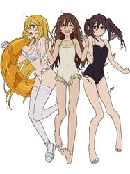  3girls :d :o ^_^ bare_legs bare_shoulders barefoot bikini black_eyes blonde_hair bouncing_breasts breasts bright_pupils brown_hair casual_one-piece_swimsuit closed_eyes commentary covered_navel dolly_(toaru_kagaku_no_railgun) full_body gloves hair_between_eyes happy highres holding_hands innertube interlocked_fingers kouzaku_mitori large_breasts liquid liquid_metal long_hair medium_breasts metal multiple_girls navel one-piece_swimsuit open_mouth print_bikini psychic sandals school_swimsuit shokuhou_misaki side-tie_bikini_bottom simple_background small_breasts smile sparkling_eyes spider_web_print swim_ring swimsuit symbol-shaped_pupils teruya_(6w6y) thighhighs toaru_kagaku_no_railgun toaru_kagaku_no_railgun_t toaru_majutsu_no_index twintails very_long_hair white_background white_bikini white_gloves white_thighhighs yellow_pupils 