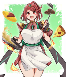  absurdres apron breasts commentary cookie cooking cowboy_shot female food fried_rice frying_pan highres jewelry kurokaze_no_sora large_breasts omelet omurice pizza ponytail pyra_(xenoblade) red_eyes red_hair short_hair short_ponytail solo xenoblade_chronicles_(series) xenoblade_chronicles_2 