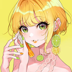  bare_shoulders blonde_hair collarbone commentary_request earrings female food food-themed_earrings fruit green_eyes green_nails highres holding idolmaster idolmaster_cinderella_girls jewelry lemon lemon_earrings lemon_slice lime_(fruit) lime_earrings lime_slice limited_palette looking_at_viewer miyamoto_frederica multicolored_nails nail_polish orange_nails parted_lips photoshop_(medium) portrait short_hair sidelocks simple_background smile solo yellow_background yellow_theme yuu_(higashi_no_penguin) 