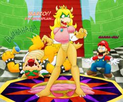  absurd_res anthro blonde_hair blue_eyes bowser castle clothing crown detailed_background dialogue digital_media_(artwork) element_drop_shadow embarrassed english_text featureless_crotch female gregthelion group hair headgear hi_res horn human koopa laugh male mammal mario mario_bros name_drop name_in_dialogue nintendo open_mouth peach&#039;s_castle princess_koopa princess_peach scalie scepter shocked spikes stuttering talking_to_another text text_drop_shadow vocalization 