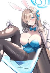  animal_ears asuna_(blue_archive) asuna_(bunny)_(blue_archive) blue_archive blue_eyes blue_leotard blue_ribbon breasts brown_hair brown_pantyhose cleavage commentary cup drinking_glass elbow_gloves fake_animal_ears female gloves grin hair_over_one_eye hair_ribbon halo highres large_breasts leotard long_hair looking_at_viewer official_alternate_costume one_breast_out otakummm pantyhose playboy_bunny rabbit_ears ribbon sideboob simple_background smile solo strapless strapless_leotard teeth thighband_pantyhose torn_clothes torn_pantyhose very_long_hair white_background white_gloves 