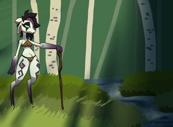  2019 4_ears anthro bovid breasts brown_clothing caprine clothing detailed_background digital_media_(artwork) eyelashes eyeshadow female florest fur gloves_(marking) goat grass green_eyes hair kindred_(lol) league_of_legends leg_markings makeup mammal markings multi_ear plant purple_body purple_fur purple_hair purple_markings riot_games river smile socks_(marking) solo squablodecomplash staff tayja_(squablodecomplash) tencent tree underwear white_body white_fur 