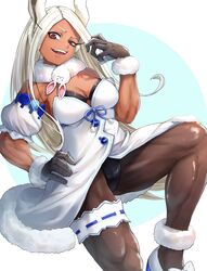  absurdres animal_ears black_gloves boku_no_hero_academia breasts cleavage cosplay dark-skinned_female dark_skin female gloves hand_on_own_hip highres hololive long_hair looking_at_viewer m.tokotsu medium_breasts mirko muscular muscular_female rabbit_ears red_eyes smile solo usada_pekora usada_pekora_(1st_costume) usada_pekora_(cosplay) 