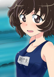  absurdres akiyama_yukari blue_one-piece_swimsuit blush brown_eyes brown_hair character_name commentary female girls_und_panzer highres looking_at_viewer messy_hair name_tag old_school_swimsuit one-piece_swimsuit school_swimsuit short_hair solo swimsuit translated wakku_kan wet 