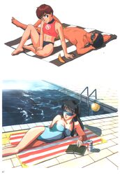  1990s_(style) 1boy 2girls ball banana barefoot beach_towel beer_can black_hair blue_one-piece_swimsuit book breasts brown_hair can cleavage closed_eyes drink_can feet_out_of_frame food fruit hand_on_own_leg highres izumi_noa kanuka_clancy kidou_keisatsu_patlabor knee_up long_hair looking_at_viewer lying multiple_girls non-web_source official_art on_back on_side one-piece_swimsuit open_book pool retro_artstyle shinohara_asuma short_hair sitting smile strapless strapless_one-piece_swimsuit sunglasses swimsuit towel volleyball_(object) water 