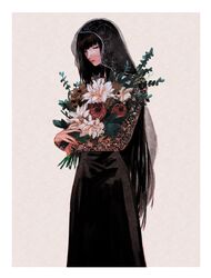  arms_at_sides black_dress black_hair bouquet closed_eyes closed_mouth dress feet_out_of_frame female flower highres holding holding_bouquet leaf long_hair osaragi_(sakamoto_days) own_hands_together red_flower sakamoto_days see-through see-through_sleeves simple_background solo sonono71 standing veil very_long_hair white_flower 