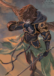  1boy armor black_gloves breastplate brown_hair commentary_request crying dated emuson fingerless_gloves gloves granblue_fantasy hair_between_eyes holding holding_sword holding_weapon male_focus pauldrons red_eyes sandalphon_(granblue_fantasy) shoulder_armor signature solo standing sword tears torn torn_clothes weapon wings 