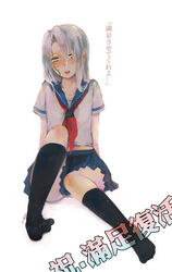  1boy black_socks blue_sailor_collar blue_skirt blush commentary crossdressing full_body grey_hair hair_between_eyes highres kanon_(rsl) kiryu_kyosuke long_hair looking_at_viewer male_focus miniskirt neckerchief no_shoes open_mouth red_neckerchief sailor_collar school_uniform serafuku shirt short_sleeves skirt socks solo translated white_background white_shirt yellow_eyes yu-gi-oh! yu-gi-oh!_5d&#039;s 