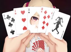  ace_(playing_card) ace_of_spades black_background blonde_hair card commentary eye_focus female holding holding_card joker_(playing_card) looking_at_viewer old_maid original playing_card pov pov_hands seven_of_clubs smile spade_(shape) ten_of_diamonds three_of_hearts twintails yajirushi_(chanoma) 