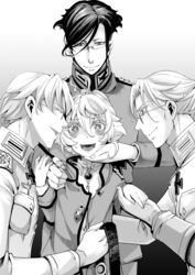  3boys :d ahoge belt blush commentary_request cross erich_von_rerugen female glasses greyscale grin hal_(goshujinomocha) highres holding holding_belt imminent_rape iron_cross jacket jewelry long_sleeves looking_at_another looking_at_viewer medal military military_jacket military_uniform monochrome multiple_boys multiple_persona open_mouth pendant semi-rimless_eyewear short_hair smile sweat tanya_degurechaff teeth undressing uniform wavy_hair youjo_senki 