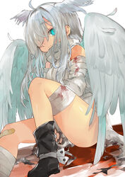  absurdres ahoge angel angel_wings aqua_eyes bandaged_arm bandaged_leg bandages bandaid bandaid_on_knee bandaid_on_leg bare_shoulders black_footwear blood blood_on_bandages blood_on_clothes closed_mouth eyes_visible_through_hair feathered_wings feathers female glowing hair_over_one_eye head_wings highres long_hair niseneko_(mofumofu_ga_ienai) original pool_of_blood puddle simple_background solo torn torn_clothes white_background white_hair wings 