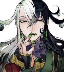  1boy absurdres ashiya_douman_(fate) asymmetrical_clothes asymmetrical_hair bell black_eyes black_hair curly_hair earrings eyeshadow fangs fate/grand_order fate_(series) fingernails green_eyeshadow green_kimono green_lips green_nails hair_bell hair_between_eyes hair_intakes hair_ornament half-closed_eyes highres japanese_clothes jewelry kimono lips lipstick long_hair magatama magatama_earrings makeup male_focus multicolored_hair onmyouji open_clothes open_kimono open_mouth oshiruko_(oshiruko0803) portrait ribbed_sleeves sharp_fingernails solo split-color_hair two-tone_hair upper_body very_long_fingernails white_hair 