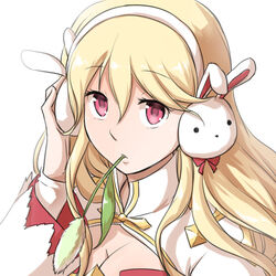  arch_bishop_(ragnarok_online) blonde_hair breasts cattail cleavage cleavage_cutout clothing_cutout commentary_request cross dress female hair_between_eyes hand_on_own_ear juliet_sleeves long_hair long_sleeves looking_at_viewer mouth_hold natsuya_(kuttuki) open_mouth pink_eyes plant puffy_sleeves rabbit_earmuffs ragnarok_online red_dress simple_background solo stalk_in_mouth two-tone_dress upper_body white_background white_dress 