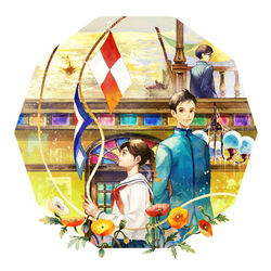  2boys blue_shirt box braid brown_eyes brown_hair female flag flower glasses highres itou_shizu kazama_shun kokurikozaka_kara komatsuzaki_umi mizunuma_shirou multiple_boys outdoors poppy_(flower) railing rope sailor_collar school_uniform shirt short_hair silk spider_web stained_glass white_shirt wood 