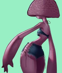  2020 4_fingers ass bottomwear butt_pose clothing crop_top digital_media_(artwork) elemental_creature elemental_humanoid female fingers fungi_fauna fungi_humanoid fungus green_background hi_res humanoid long_arms mushroom mushroom_cap mushroom_humanoid napalm_express not_furry pink_body portrait pose rear_view shirt shorts shroom_girl simple_background smile solo three-quarter_portrait topwear 