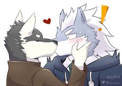  anthro blush canid canine canis chuurow closed_eyes clothing countershading domestic_dog duo exclamation_point heart_symbol holding_face husky kissing kuugo_(lagoon_lounge) lagoon_lounge male male/male mammal nordic_sled_dog simple_background sousuke_inami spitz wet white_background 